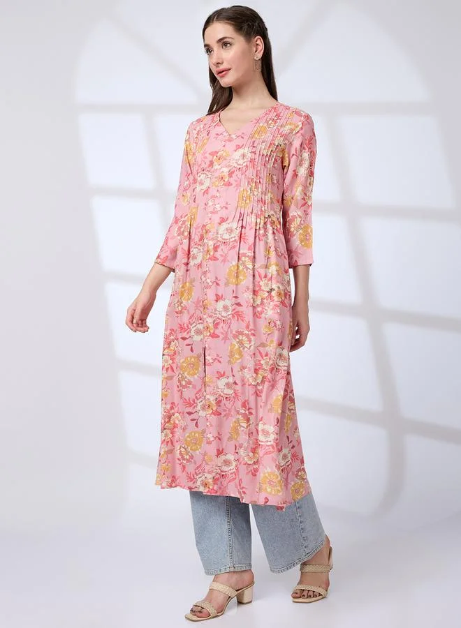 globus Globus Women Pink V-Neck Floral Print Kurta