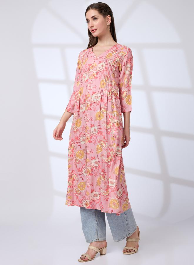 Globus Women Pink V-Neck Floral Print Kurta - Image 2