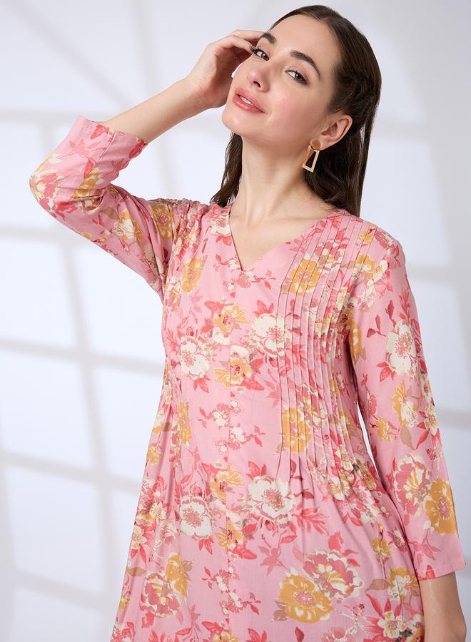 Globus Women Pink V-Neck Floral Print Kurta - Image 5