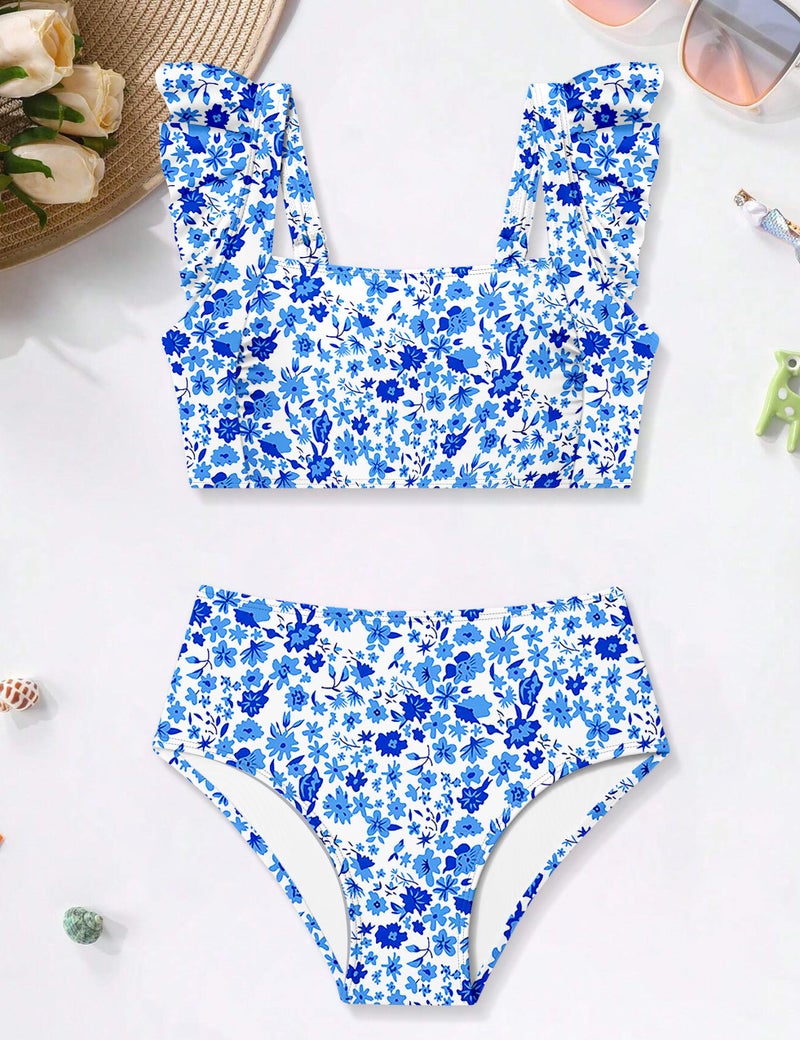 ZAANTI Girls Bathing Suits Size 8-10 Pleated Ruffle Trim Chest Pad Bathing Suit Bikini Adjustable Shoulder Straps Teens Swimsuits 2 Piece Girls Bathing Suit with Shorts Blueï¼‹Floral Print - Image 5
