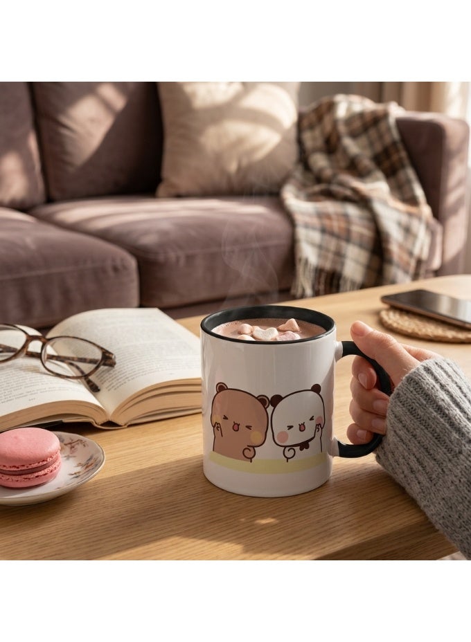 Bickerbond Kawaii Bubu and Dudu Best Friends Coffee Mug - Two-Tone Ceramic Cup with Black Handle & Inner - 11oz Cute Cartoon Tea Mug for Gifts, Birthdays, & Office - White/Black - Image 2