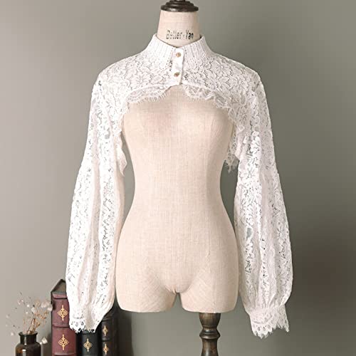 ZARSIO Women Long Sleeve Lace Shrug Bolero Shawl Short Cardigan Fake Collar (White) - Image 2