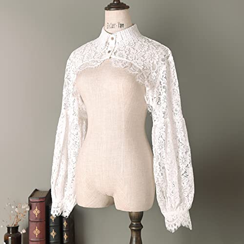 ZARSIO Women Long Sleeve Lace Shrug Bolero Shawl Short Cardigan Fake Collar (White) - Image 3