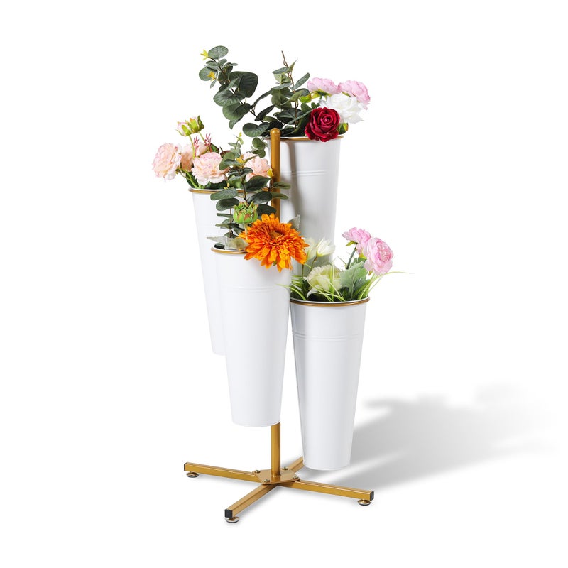 Ruifabo Flower Bar Stand with 4 Metal Buckets, 4 Tier Flower Display Stand, Rotatable Flower Cart Iron Plant Stand for Wedding or Florist Decor, Upgrade Metal Bucket Durable than Plastic Bucket - Image 1