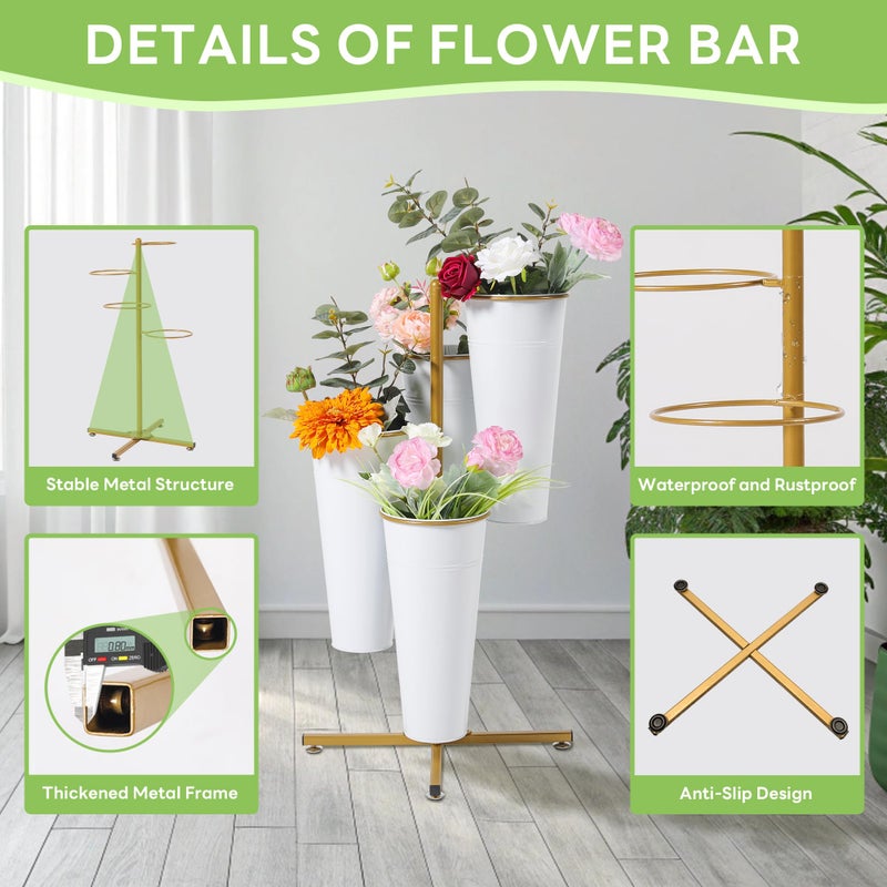 Ruifabo Flower Bar Stand with 4 Metal Buckets, 4 Tier Flower Display Stand, Rotatable Flower Cart Iron Plant Stand for Wedding or Florist Decor, Upgrade Metal Bucket Durable than Plastic Bucket - Image 3