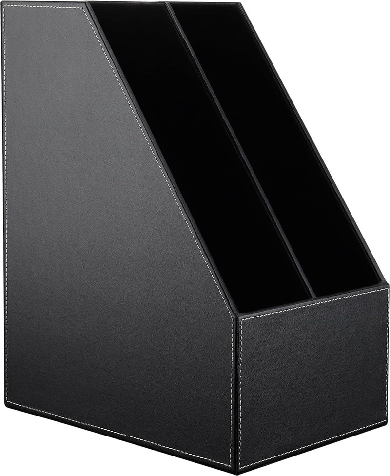 KINGFOM Wooden Leatherette Desktop File Folder Organizer and Document File Stand Journals Magazine Rack 2 Slots (black) - Image 4