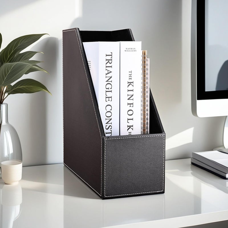KINGFOM Wooden Leatherette Desktop File Folder Organizer and Document File Stand Journals Magazine Rack 2 Slots (black) - Image 2