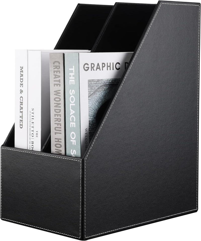 KINGFOM Wooden Leatherette Desktop File Folder Organizer and Document File Stand Journals Magazine Rack 2 Slots (black) - Image 1
