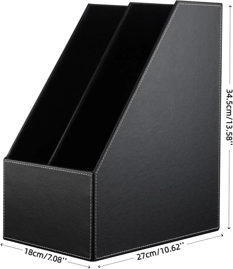 KINGFOM Wooden Leatherette Desktop File Folder Organizer and Document File Stand Journals Magazine Rack 2 Slots (black) - Image 3
