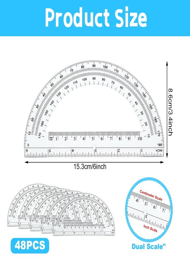CertBuy 48 Pack Clear Protractor 6 Inch, Plastic Protractor Math Protractors 180 Degrees for Angle Measurement, Protractor for Geometry,Student Math Protractor Ruler for Drawing Geometry Classroom - Image 2