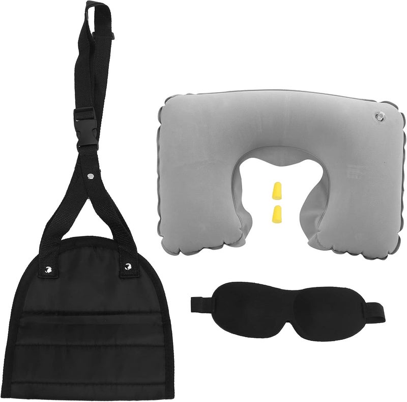 Travel Neck Pillow Set, Inflatable Pillow, Eye Cover, Ear Plugs, Foot Hammock Rest, Black - Ergonomic Design, Lightweight Oxford Fabric, Comfortable for Travel and Sleep - Image 1