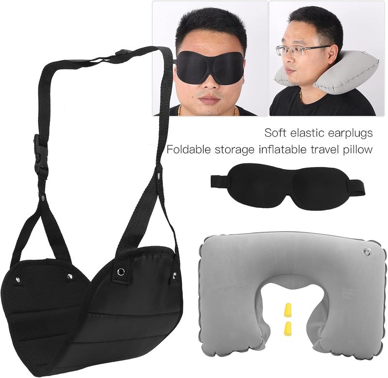 Travel Neck Pillow Set, Inflatable Pillow, Eye Cover, Ear Plugs, Foot Hammock Rest, Black - Ergonomic Design, Lightweight Oxford Fabric, Comfortable for Travel and Sleep - Image 4