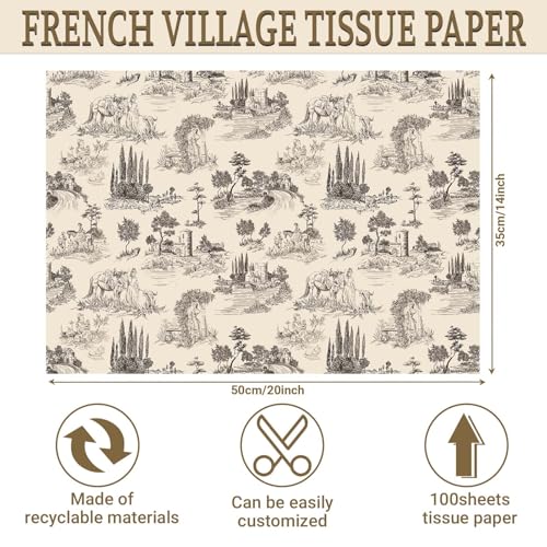 Sanixin 100Pcs Vintage French Tissue Paper for Gift Wrapping Toile Tissue Paper for Gift Bags Decorative Art Tissue for Birthday Party Bridal Shower Craft Supplies - Image 2