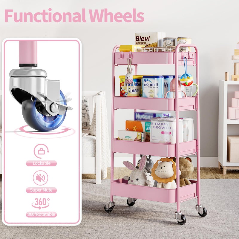 TOOLF 4-Tier Rolling Cart - Metal Storage Organizer with Lockable Wheels, 44 lbs Per Shelf Capacity, Tool-Free Assembly, for Kitchen Bathroom Office Laundry Room Nursery, Pink - Image 5