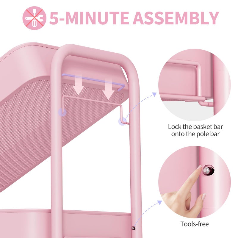 TOOLF 4-Tier Rolling Cart - Metal Storage Organizer with Lockable Wheels, 44 lbs Per Shelf Capacity, Tool-Free Assembly, for Kitchen Bathroom Office Laundry Room Nursery, Pink - Image 3