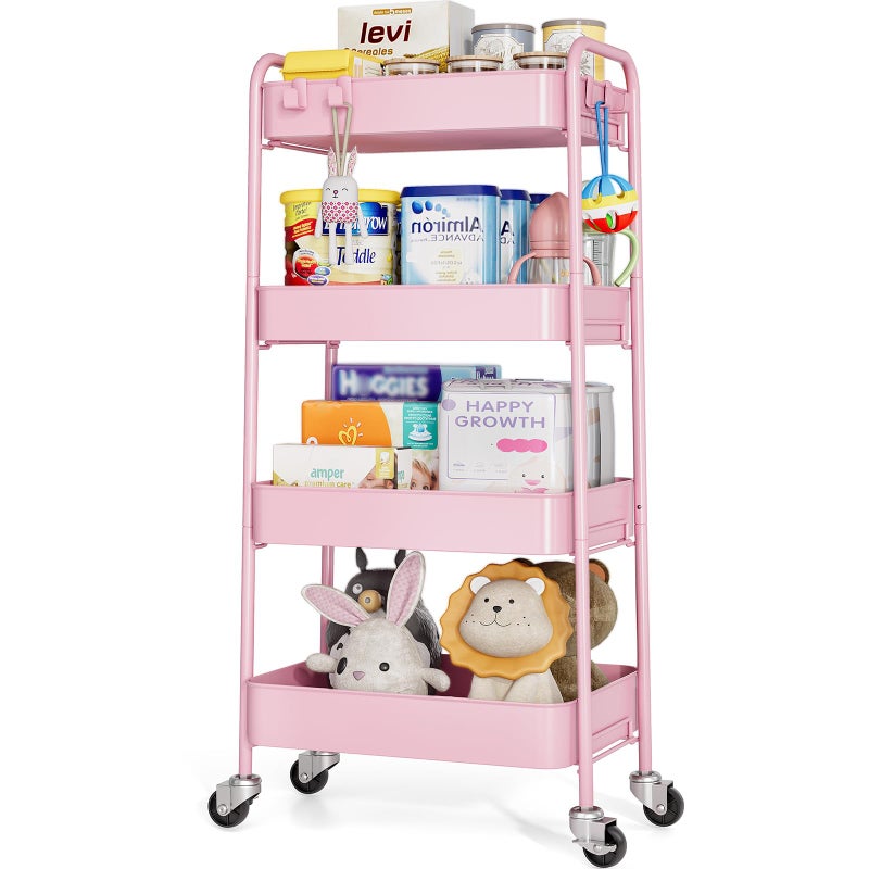 TOOLF 4-Tier Rolling Cart - Metal Storage Organizer with Lockable Wheels, 44 lbs Per Shelf Capacity, Tool-Free Assembly, for Kitchen Bathroom Office Laundry Room Nursery, Pink - Image 1