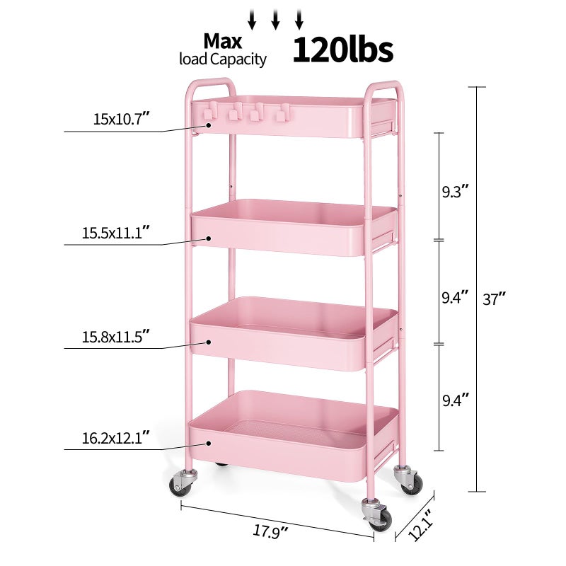 TOOLF 4-Tier Rolling Cart - Metal Storage Organizer with Lockable Wheels, 44 lbs Per Shelf Capacity, Tool-Free Assembly, for Kitchen Bathroom Office Laundry Room Nursery, Pink - Image 2