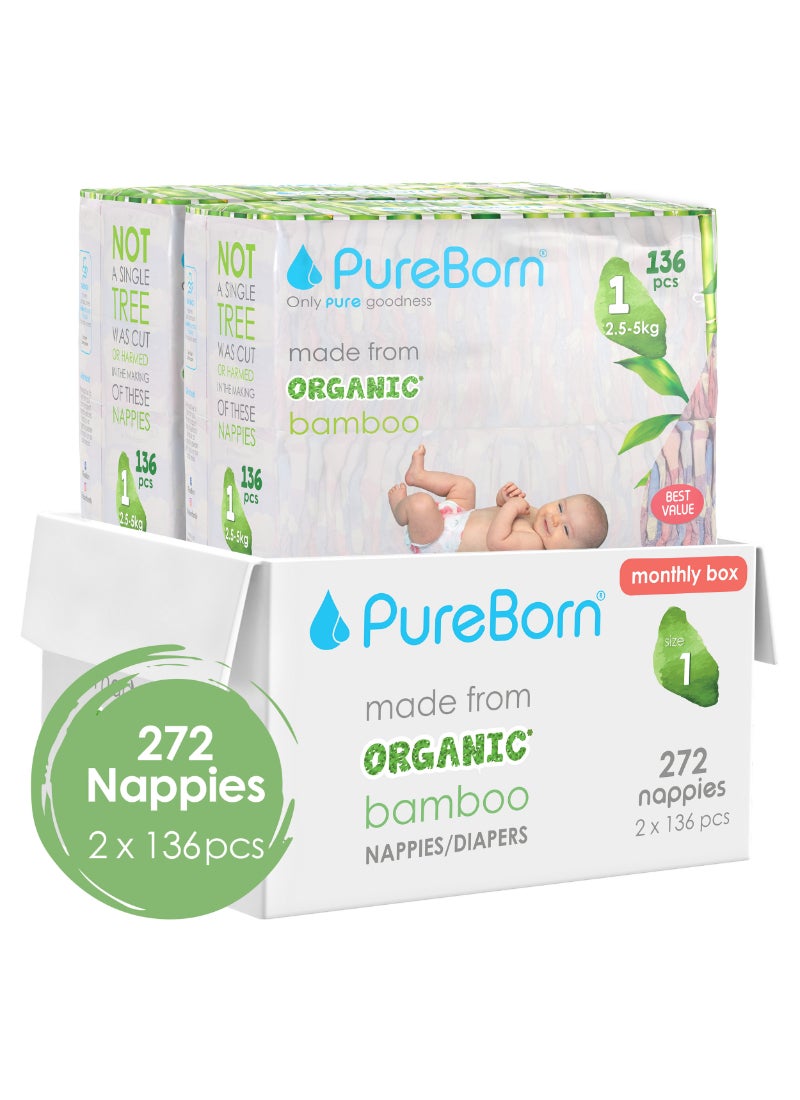 PureBorn Organic Diapers Size 1 Master Value Pack Assorted Print 2 x 136 Diapers - Image 1