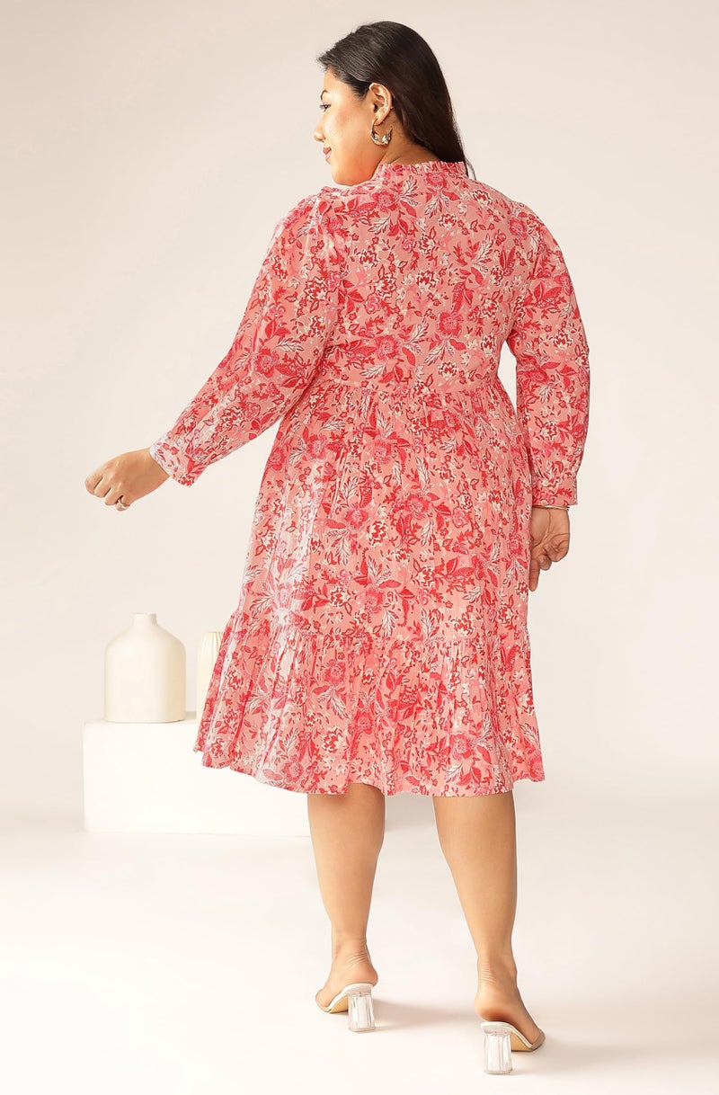 Janasya Women's Plus Size Pink Pure Cotton Floral Printed Tiered Dress - Image 4