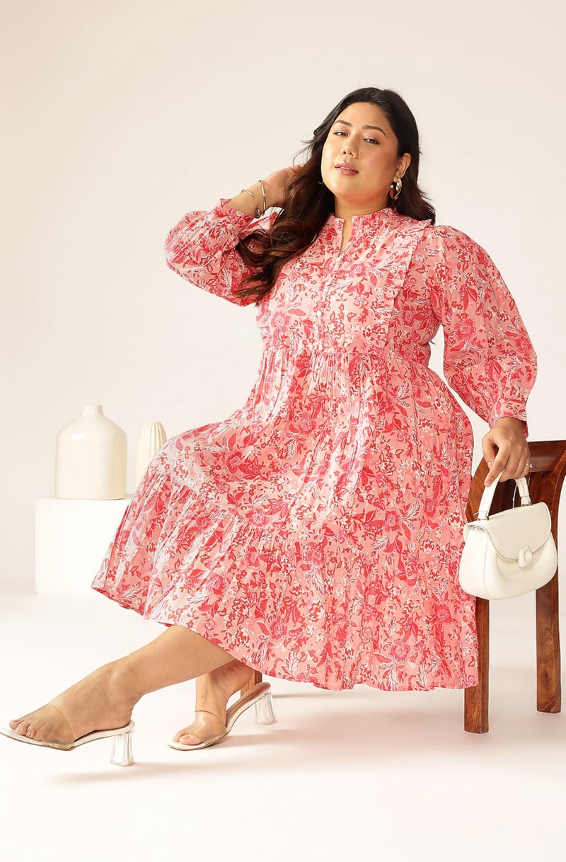 Janasya Women's Plus Size Pink Pure Cotton Floral Printed Tiered Dress - Image 5