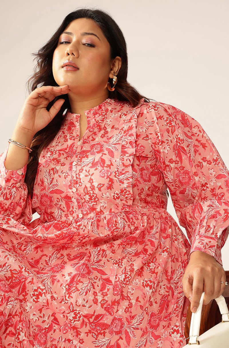 Janasya Women's Plus Size Pink Pure Cotton Floral Printed Tiered Dress - Image 2