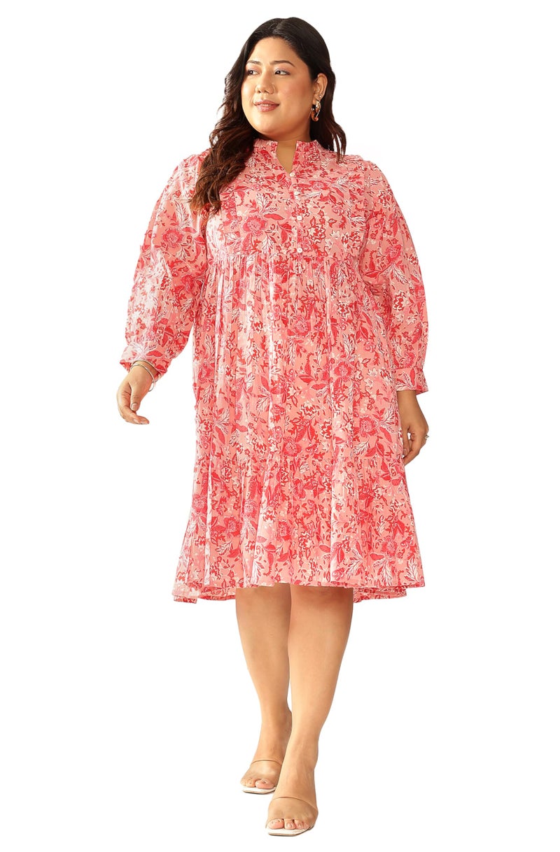 Janasya Women's Plus Size Pink Pure Cotton Floral Printed Tiered Dress - Image 1