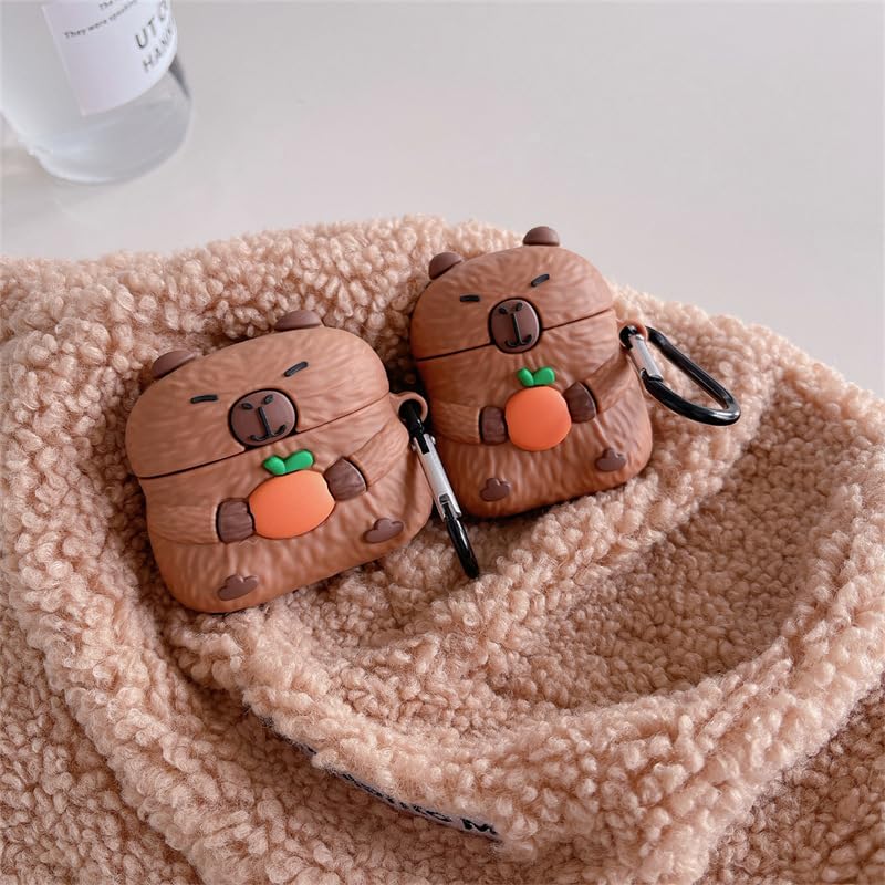 ELVRLA Earphone Case for AirPods 4, Cute Holding Orange Calm Capybara Soft TPU Silicone Cover, Lovely Brown Capybara AirPods 4 Cover Protective Skin Shockproof Protector for Earbuds - Image 3