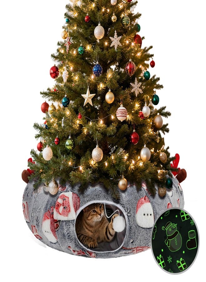 Midollarle Cat Tunnel Christmas Tree Skirt, Christmas Tree Cats Tunnel Bed with Cushion&Balls,Luminous Kitty Donut Tunnels Bed for Indoor,Fluffy Plush 36"*36"*11" Cats Tunnels for Small Animal（Grey） - Image 1