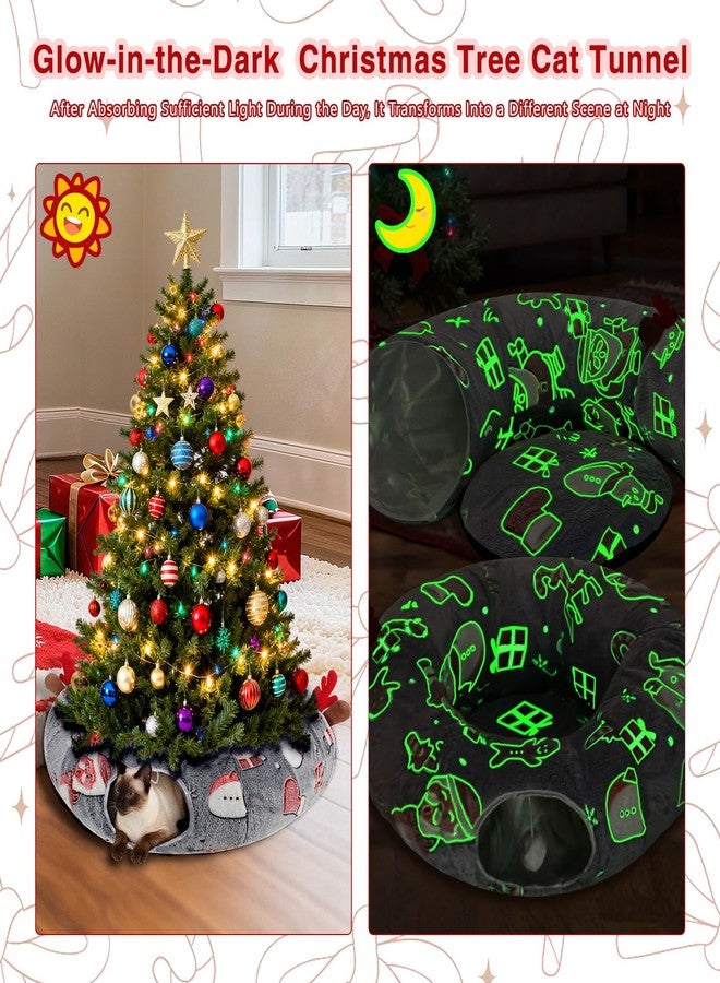 Midollarle Cat Tunnel Christmas Tree Skirt, Christmas Tree Cats Tunnel Bed with Cushion&Balls,Luminous Kitty Donut Tunnels Bed for Indoor,Fluffy Plush 36"*36"*11" Cats Tunnels for Small Animal（Grey） - Image 2