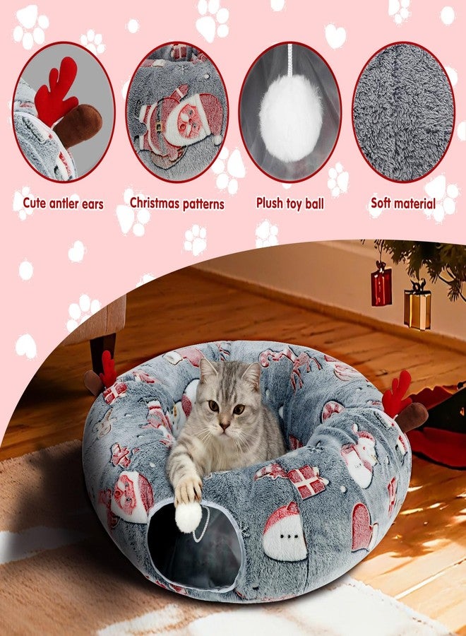 Midollarle Cat Tunnel Christmas Tree Skirt, Christmas Tree Cats Tunnel Bed with Cushion&Balls,Luminous Kitty Donut Tunnels Bed for Indoor,Fluffy Plush 36"*36"*11" Cats Tunnels for Small Animal（Grey） - Image 3