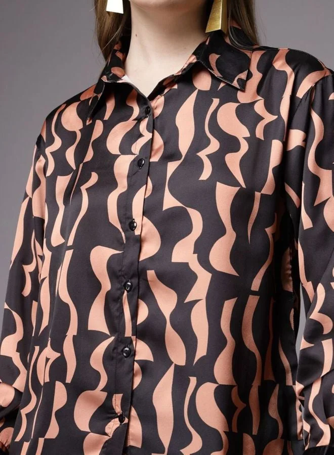 مرفوعة Women Regular Fit Stencil Printed Shirt Collar Long Sleeve Shirt
