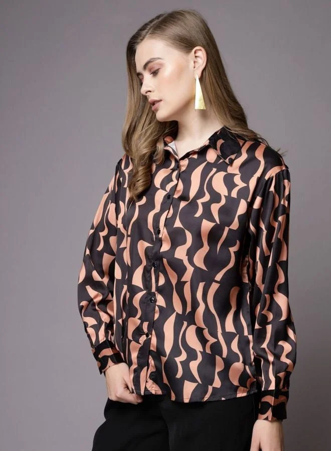 مرفوعة Women Regular Fit Stencil Printed Shirt Collar Long Sleeve Shirt
