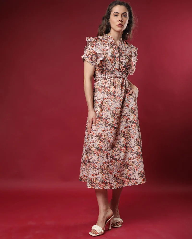 Rareism Women's Printed Dress With Smocking Belt