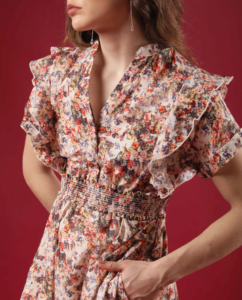 Rareism Women's Printed Dress With Smocking Belt