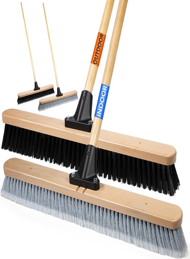 ALANNG 24” Push Brooms for Indoor and Outdoor, Heavy Duty Broom for Sweeping with 61” Wood Handle, Soft Bristle and Stiff Bristle Broom Set for Shop, Garage (2 Pieces) - Image 1