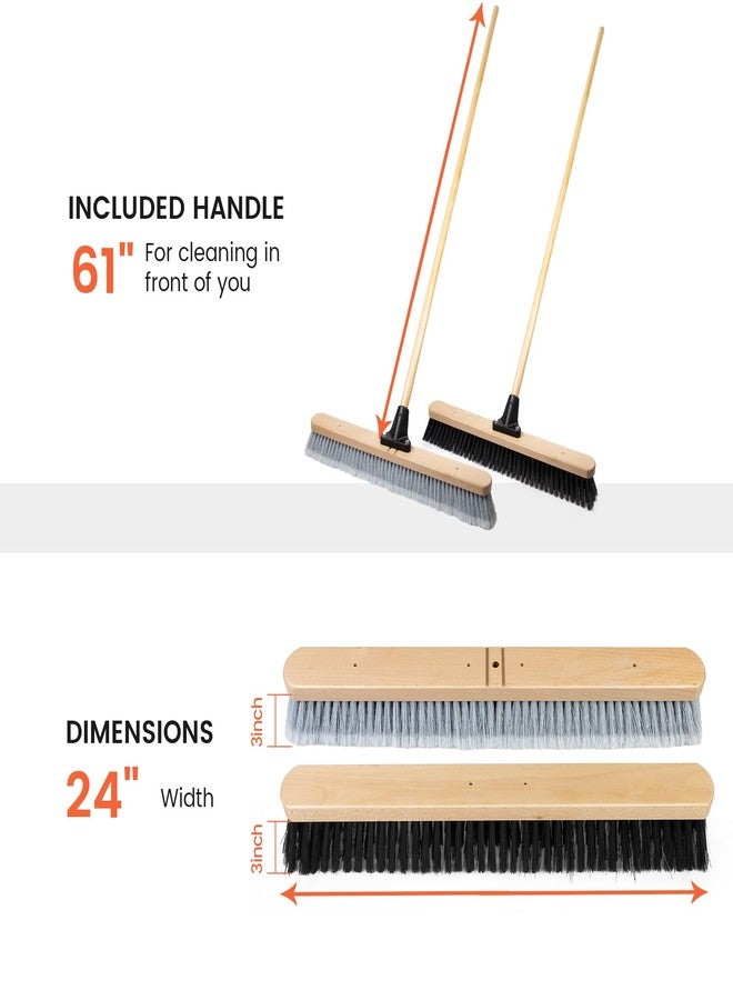 ALANNG 24” Push Brooms for Indoor and Outdoor, Heavy Duty Broom for Sweeping with 61” Wood Handle, Soft Bristle and Stiff Bristle Broom Set for Shop, Garage (2 Pieces) - Image 3