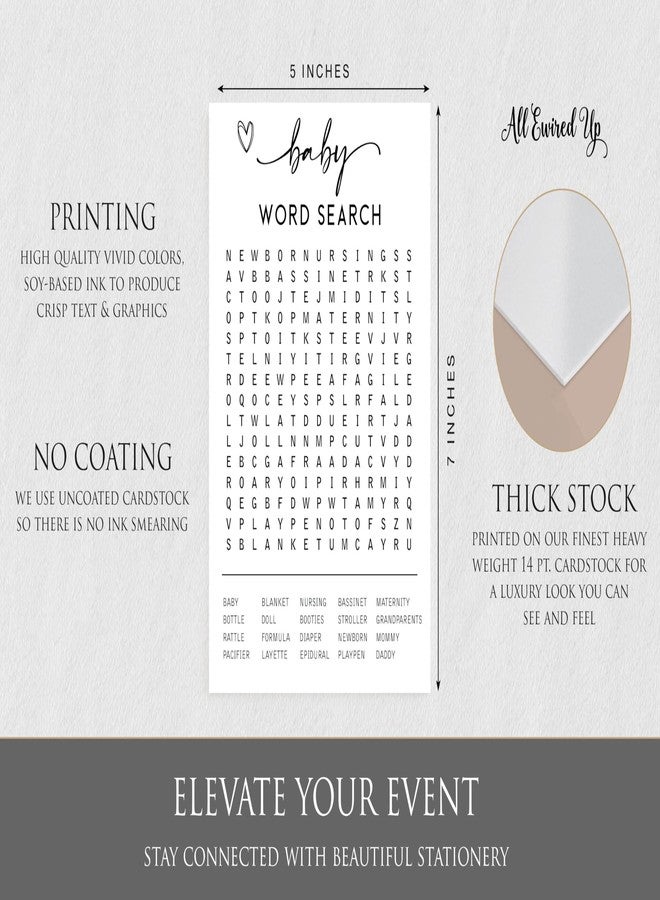 All-Ewired-Up All Ewired Up 50 Baby Shower Word Search Game (50-Cards) Fun Baby Shower Word Find Game Activity, Gender Neutral Boy or Girl, Minimalist Script Greeting Card - Image 5