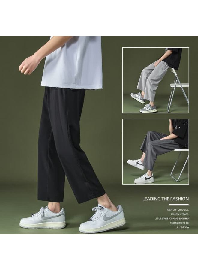 Vancamel Men's Summer Ice Silk Thin Loose Casual Pants Youth Straight Nine-point Pants Black XL