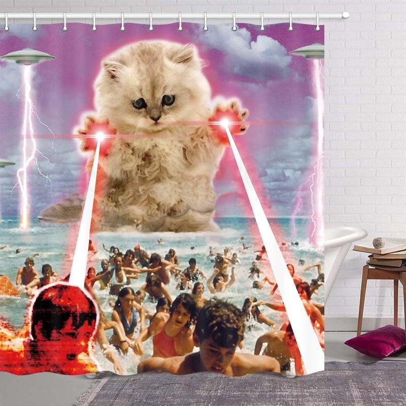 MERCHR Funny Alien Kitten cat Shower Curtain UFO on The Beach catching Human Shower Curtains Waterproof Polyester Fabric Bathroom Decor Bath Curtain with 12 Hooks 72x72in