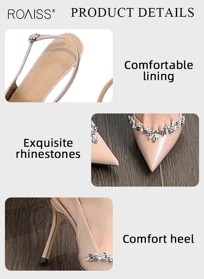 رويس صنادل نسائية من الجلد اللامع بأشرطة مزينة بأحجار الراين، بكعب ستيليتو ومقدمة مدببة، كلاسيكية أنيقة فاخرة للحفلات، مناسبة للمناسبات الرسمية والاحتفالية والسهرات. - Image 5