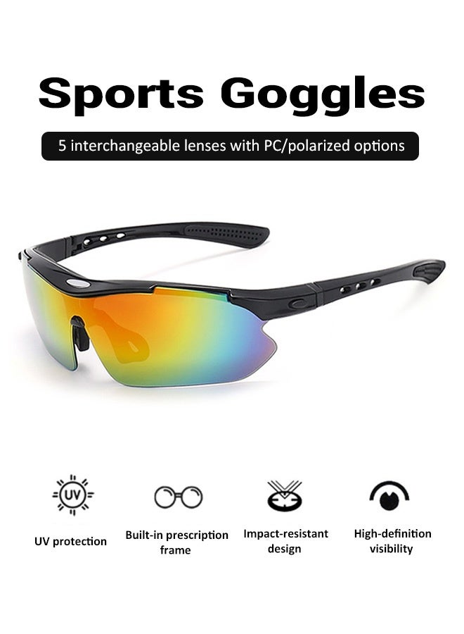 نظارات شمسية استقطابية رياضية UV400 مع 5 عدسات قابلة للتبديل للرجال والنساء - بيسبول، قيادة، صيد، جولف، ركض، دراجات (أسود) - Image 2