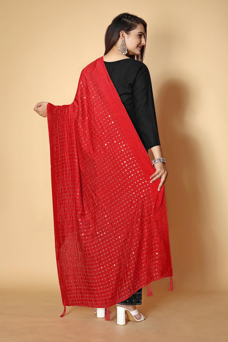 KEMZA Women's Embroidered Mirror Cotton Dupatta (Red_Free size) with Rajasthani Aari Work - Image 4