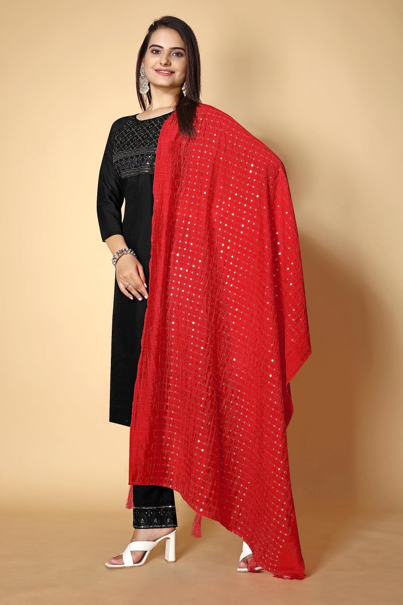 KEMZA Women's Embroidered Mirror Cotton Dupatta (Red_Free size) with Rajasthani Aari Work - Image 3