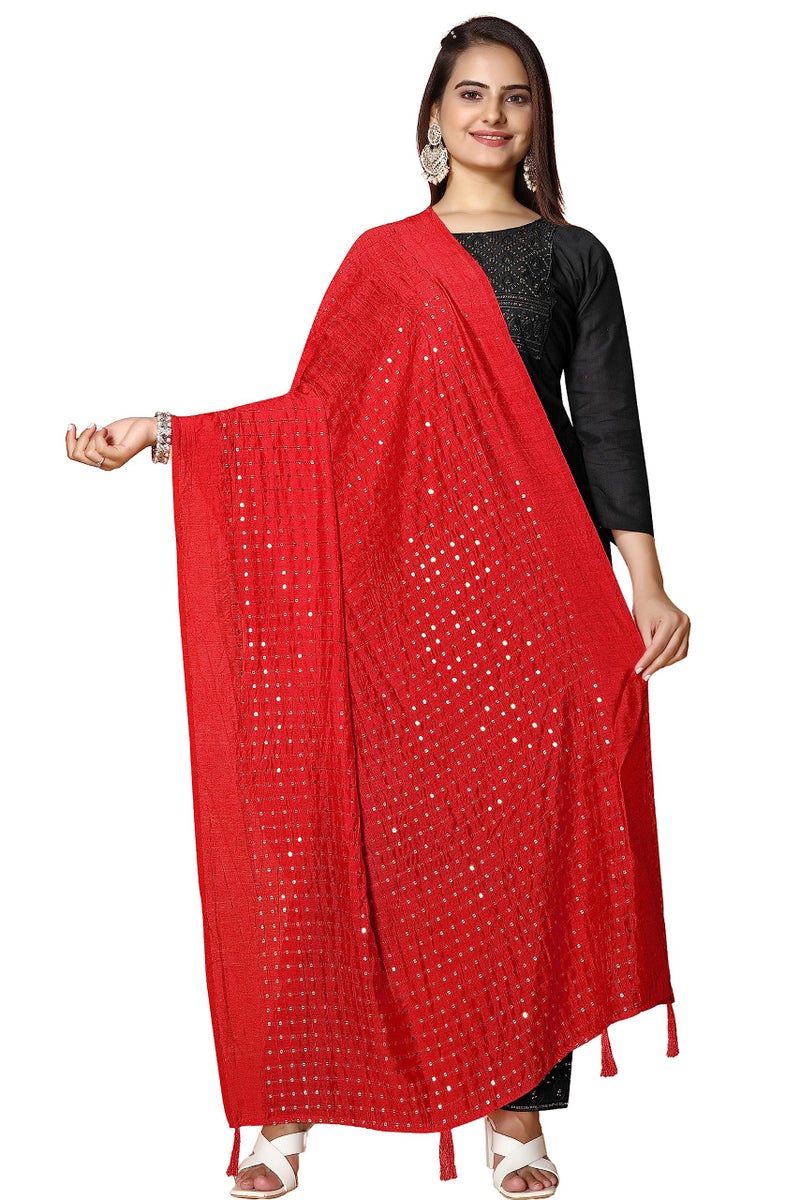 KEMZA Women's Embroidered Mirror Cotton Dupatta (Red_Free size) with Rajasthani Aari Work - Image 1