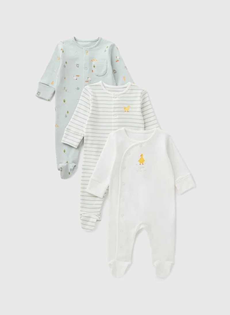 Matalan 3 Pack Baby Sage Farm Sleepsuits