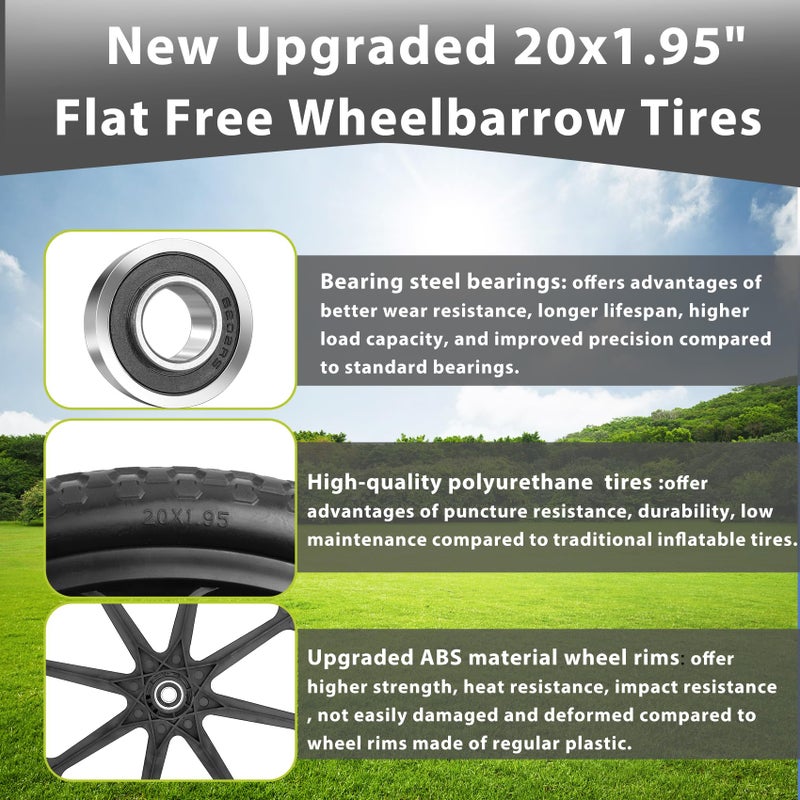 Iococee Upgraded 20" Flat Free Wheels Compatible with rubbermaid Wheelbarrow Tires, 20" Flat Free Tires with 5/8" and 3/4" Bearings Replacement for rubbermaid Cart Wheels/Big Wheel Utility Carts - Image 4