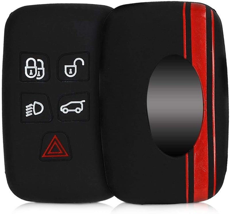 JVCV® Silicone Key Cover Compatible with Range Rover Evoque Velar Sport Discovery Freelander & Jaguar XF, XJ, XE, F-PACE - Rally Stripe (Black Red) - Image 1