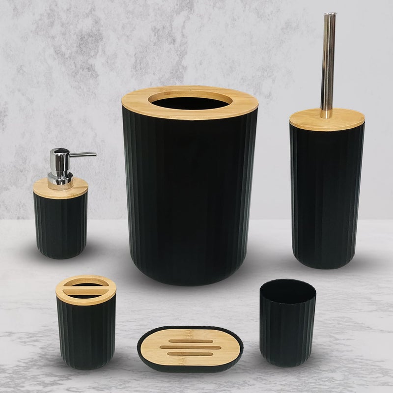 iBell 6-Piece Bathroom Accessories Set - Includes Soap Dispenser, Toothbrush Holder, Mouthwash Cup, Toilet Brush with Holder, Dustbin, and Soap Dish - Stylish Black - Image 1