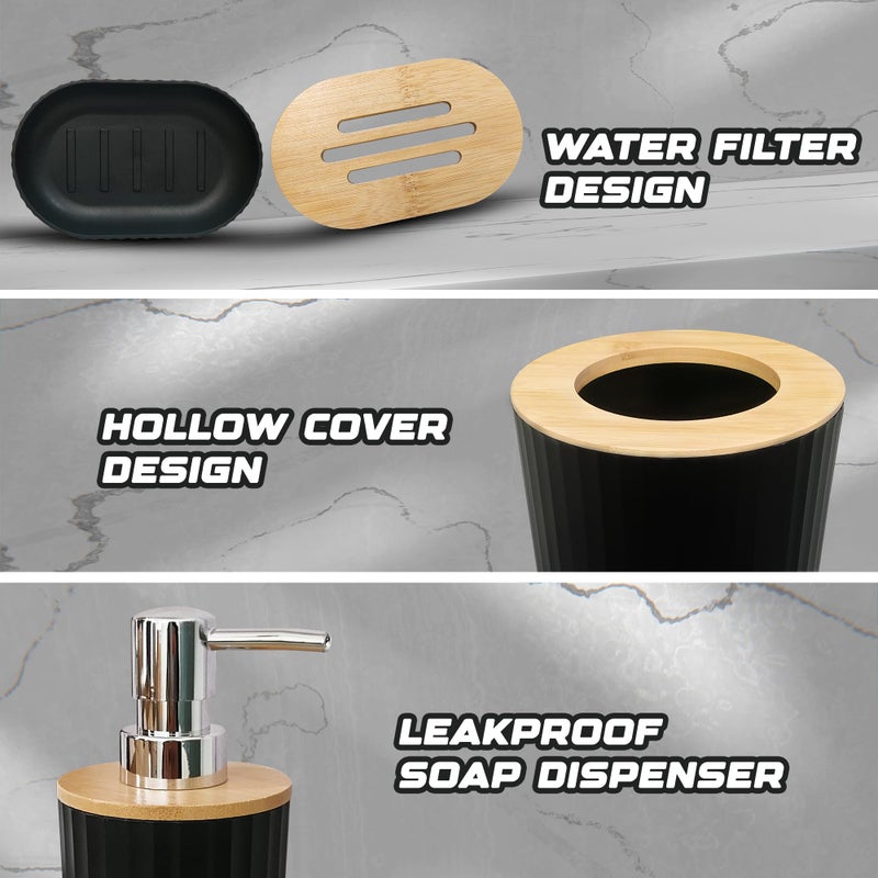 iBell 6-Piece Bathroom Accessories Set - Includes Soap Dispenser, Toothbrush Holder, Mouthwash Cup, Toilet Brush with Holder, Dustbin, and Soap Dish - Stylish Black - Image 4