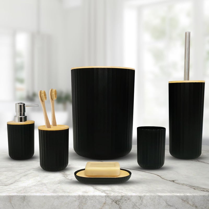 iBell 6-Piece Bathroom Accessories Set - Includes Soap Dispenser, Toothbrush Holder, Mouthwash Cup, Toilet Brush with Holder, Dustbin, and Soap Dish - Stylish Black - Image 2